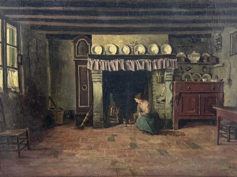 1865-Pierre Stobbaerts - Interno con donna davanti al camino